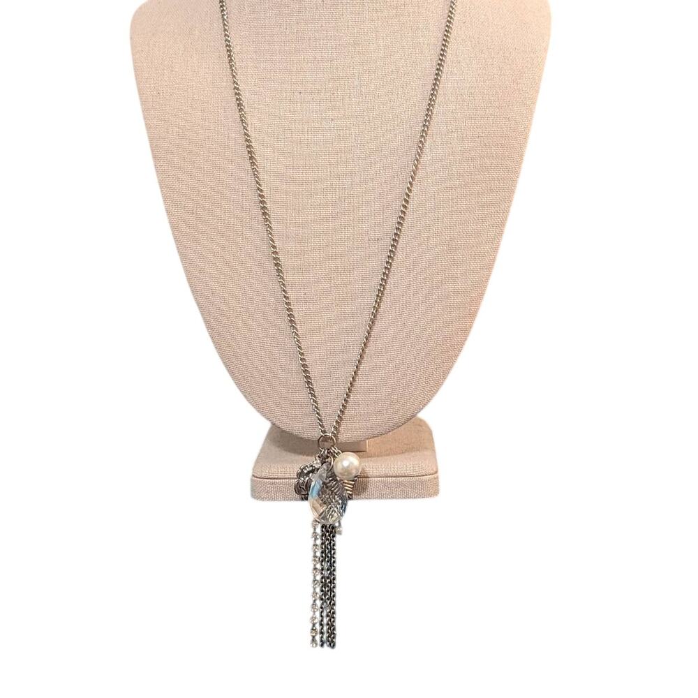 Silver Tone Cluster 22-24.5" Necklace With Rose, Rhinestones, Pearls, etc.